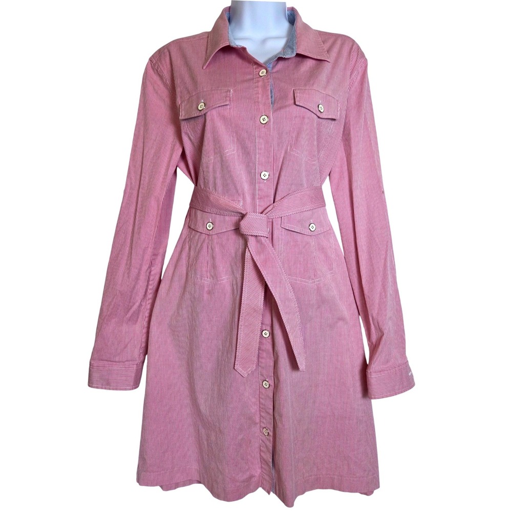 Bobby Jones Pink White Striped Long Sleeve Belted Shirt Dress Coastal Preppy